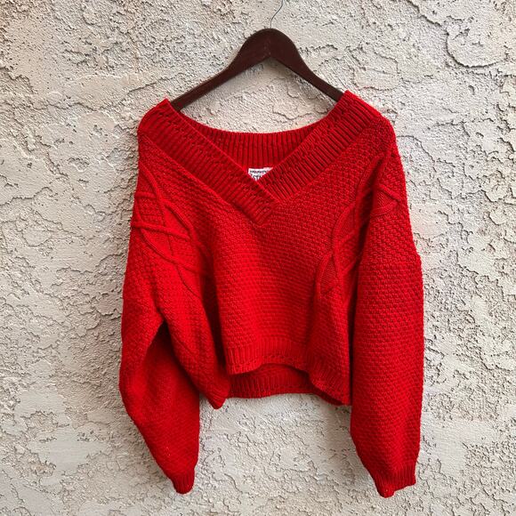 Vintage Star Cody Red Chunky Knit V Neck Sweater Size Medium - Picture 1 of 3